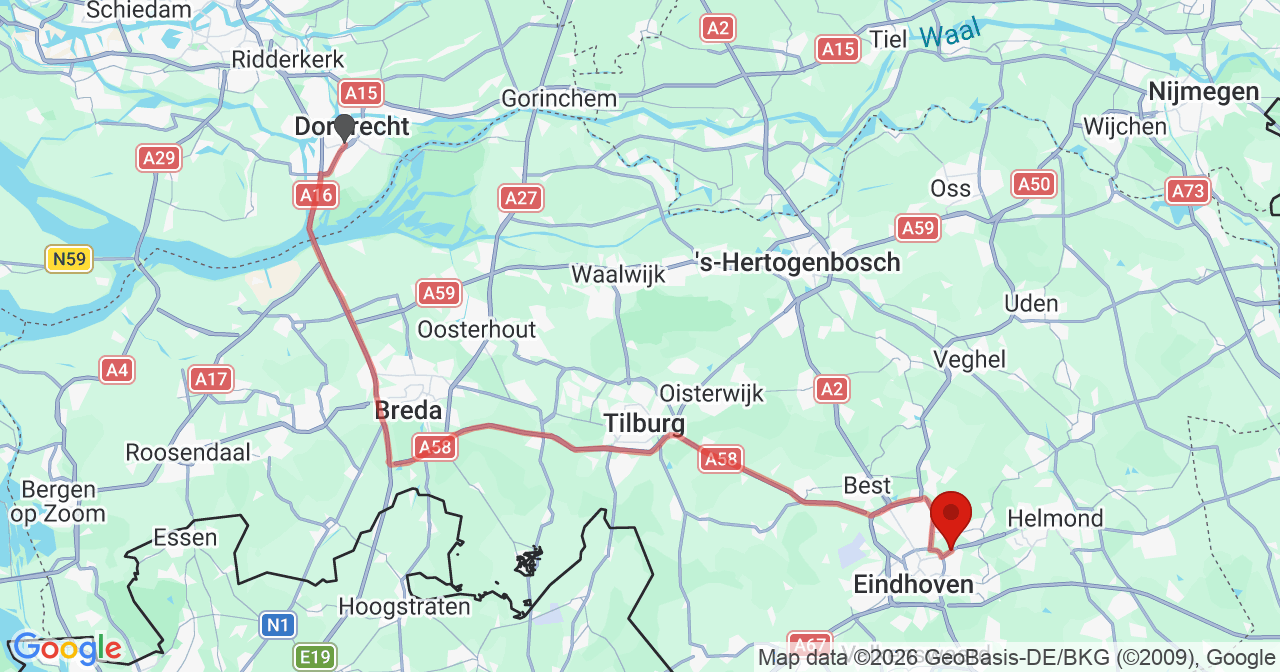 Kaart van het incident in Eindhoven met de aanrijroutes van de gealarmeerde eenheden