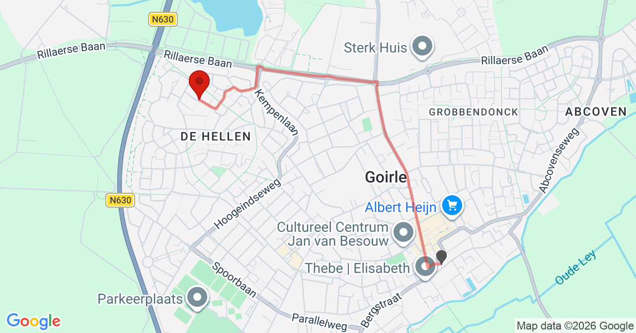 Kaart van het incident in Goirle met de aanrijroutes van de gealarmeerde eenheden