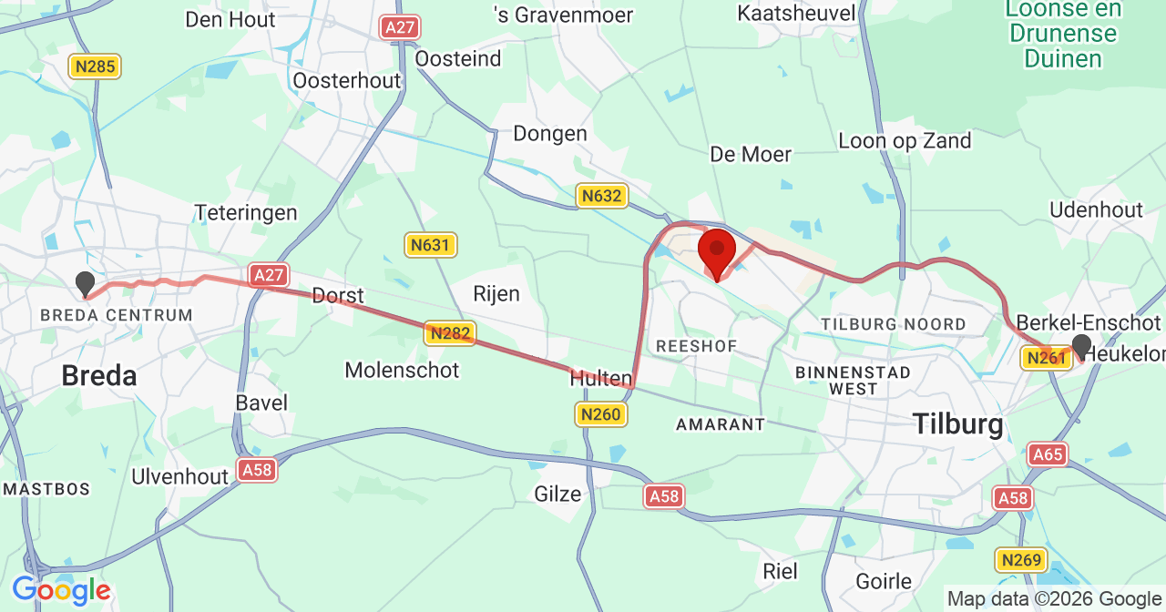 Kaart van het incident in Tilburg met de aanrijroutes van de gealarmeerde eenheden