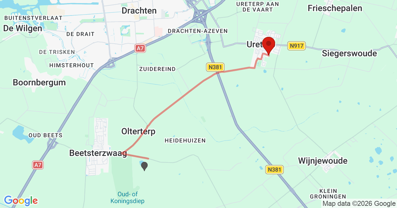 Kaart van het incident in Ureterp met de aanrijroutes van de gealarmeerde eenheden