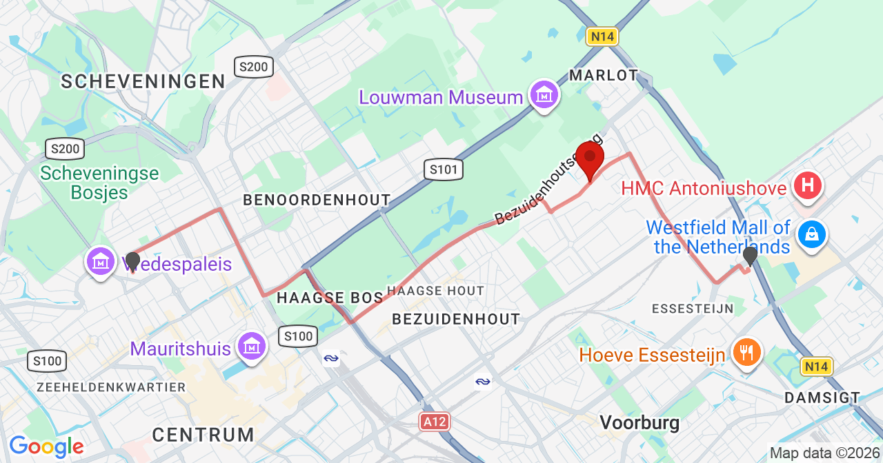 Kaart van het incident in 's-Gravenhage met de aanrijroutes van de gealarmeerde eenheden