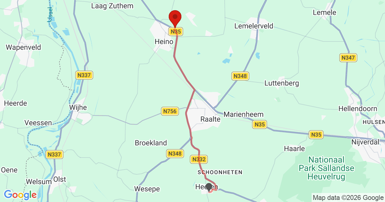 Kaart van het incident in Heino met de aanrijroutes van de gealarmeerde eenheden