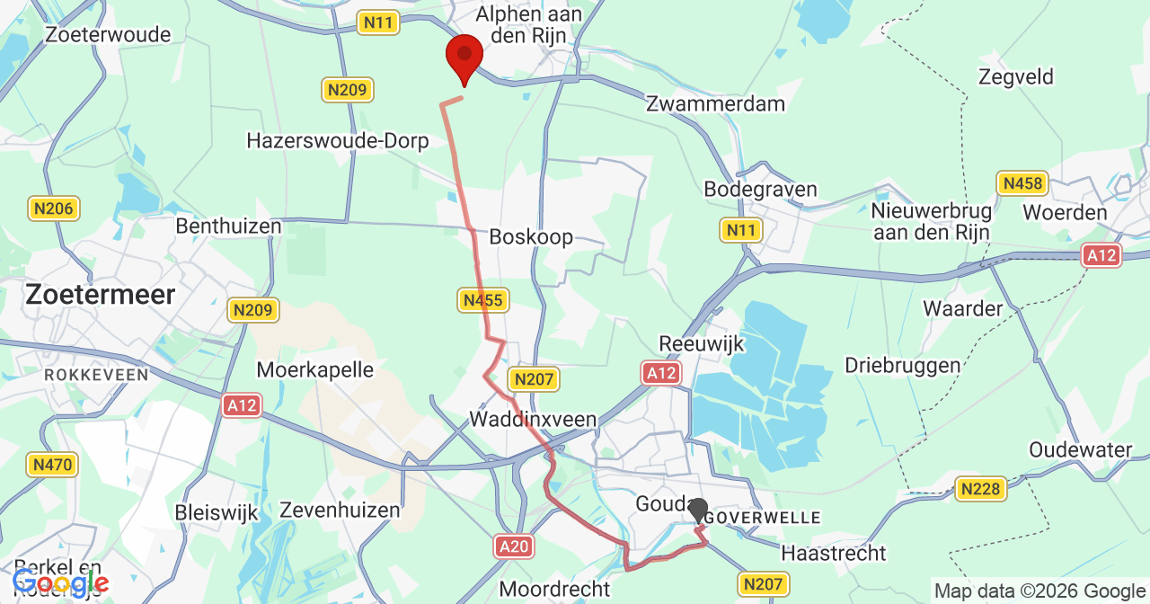 Kaart van het incident in Krimpen aan de Lek met de aanrijroutes van de gealarmeerde eenheden