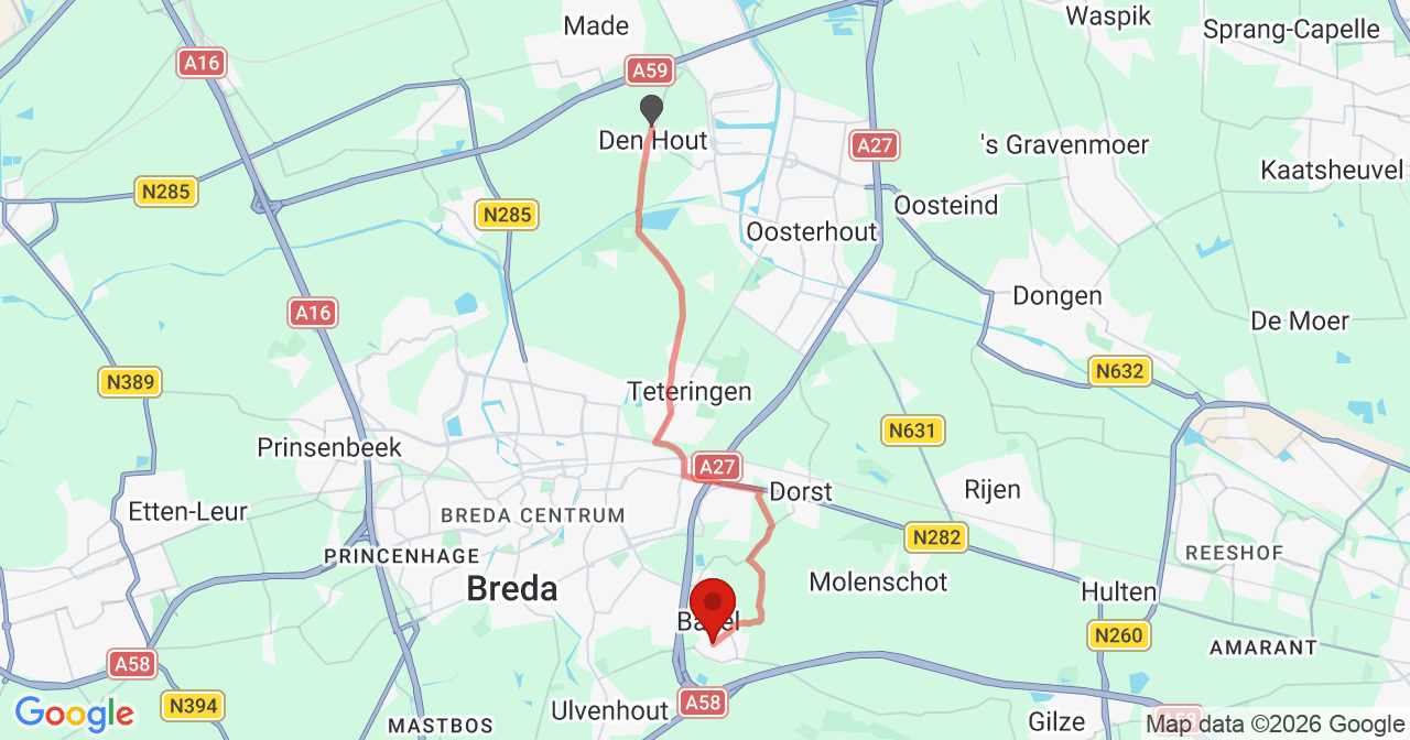 Kaart van het incident in Bavel met de aanrijroutes van de gealarmeerde eenheden