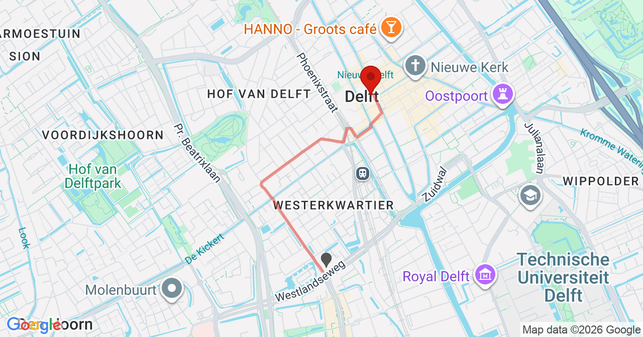 Kaart van het incident in Delft met de aanrijroutes van de gealarmeerde eenheden