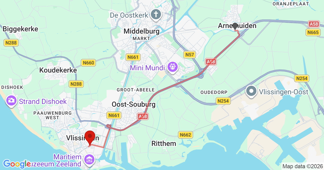 Kaart van het incident in Vlissingen met de aanrijroutes van de gealarmeerde eenheden