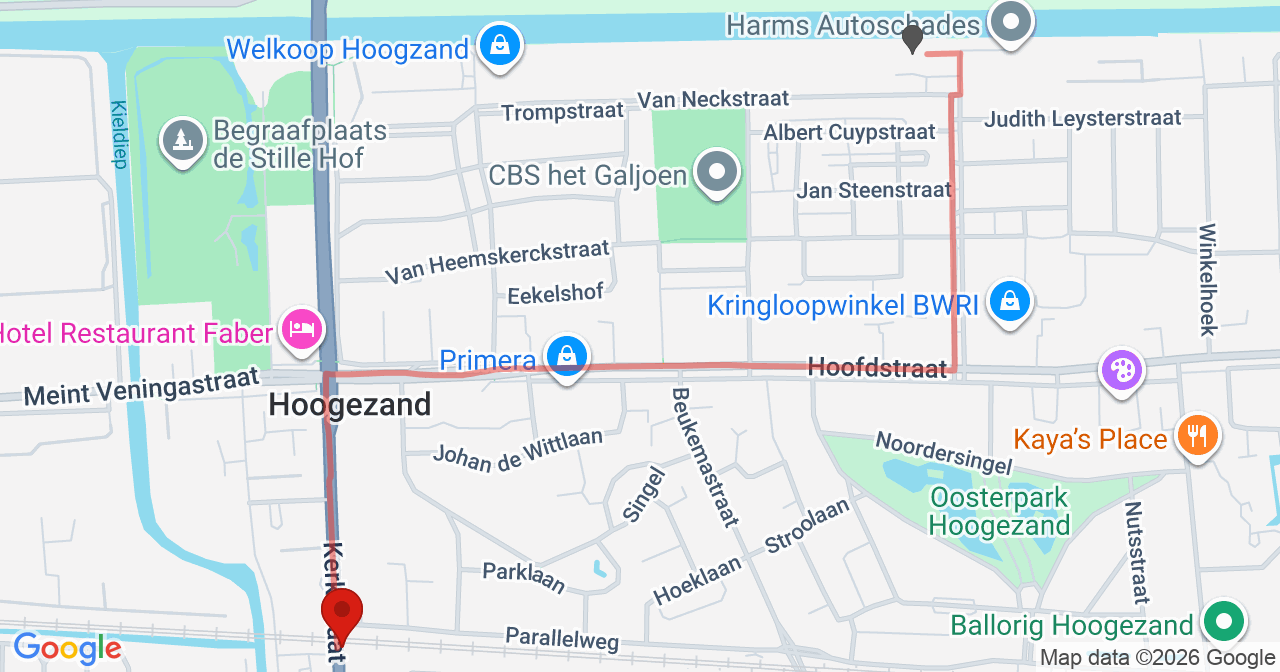 Kaart van het incident in Hoogezand met de aanrijroutes van de gealarmeerde eenheden