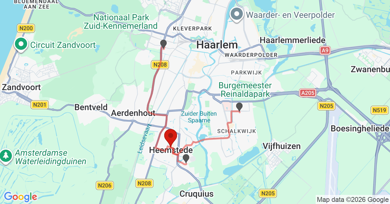 Kaart van het incident in Heemstede met de aanrijroutes van de gealarmeerde eenheden