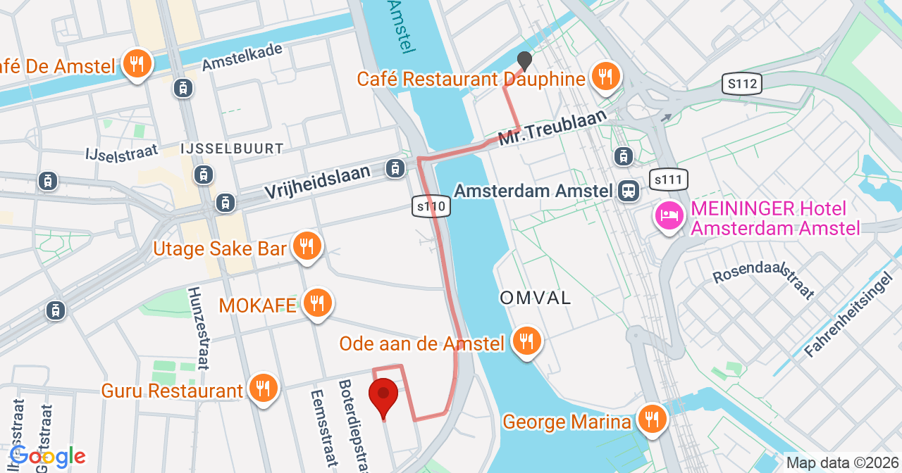 Kaart van het incident in Amsterdam met de aanrijroutes van de gealarmeerde eenheden