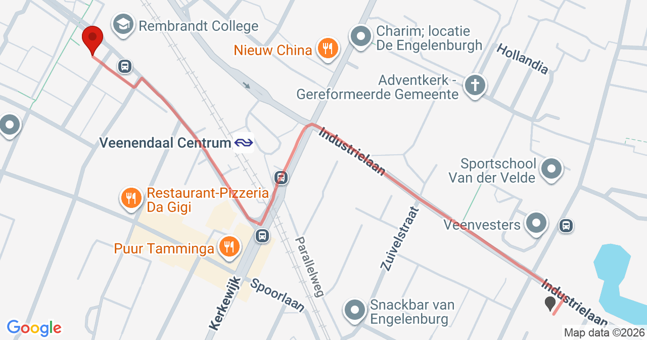 Kaart van het incident in Veenendaal met de aanrijroutes van de gealarmeerde eenheden
