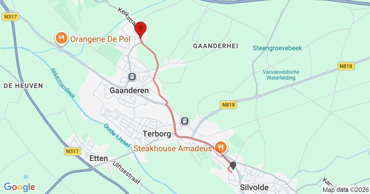 Kaart van het incident in Gaanderen met de aanrijroutes van de gealarmeerde eenheden