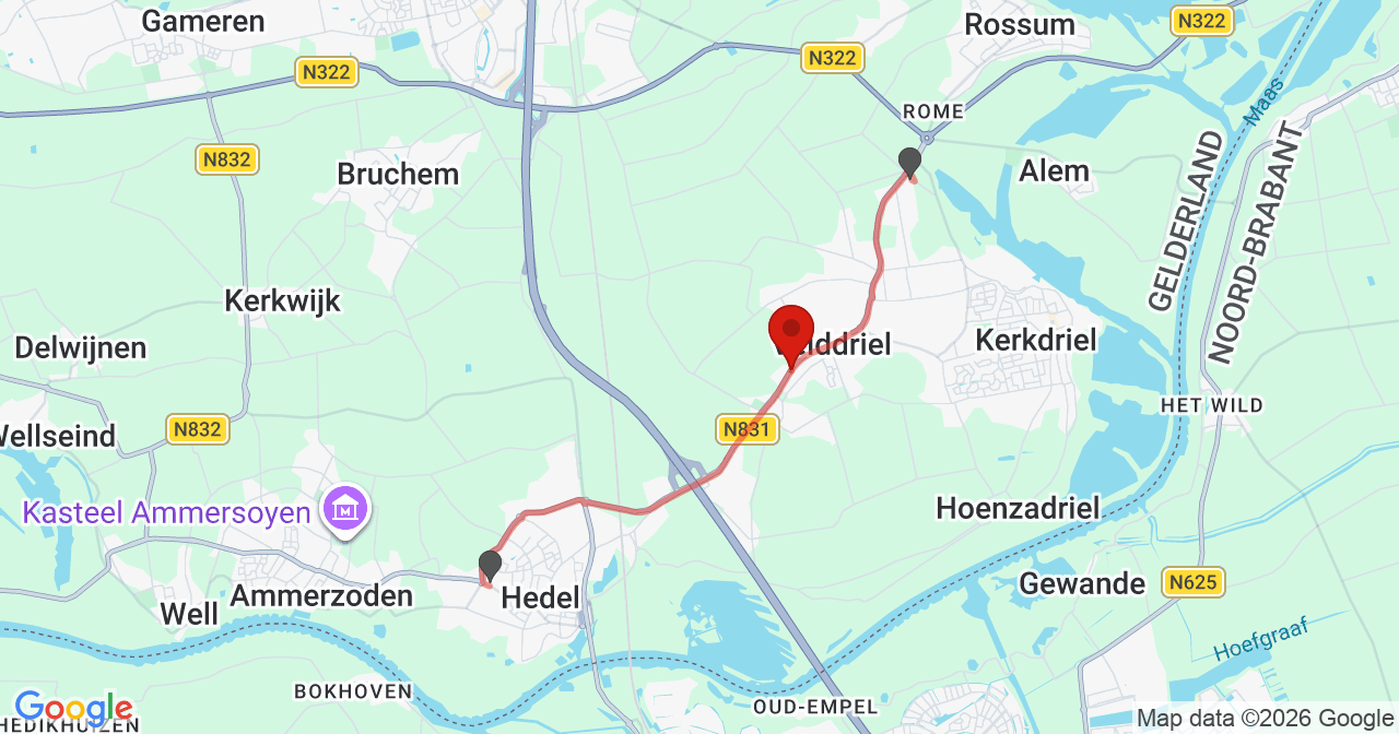Kaart van het incident in Velddriel met de aanrijroutes van de gealarmeerde eenheden