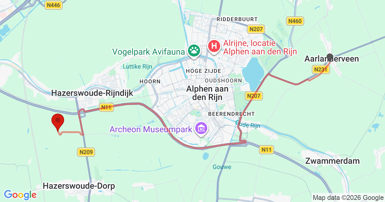 Kaart van het incident in Hazerswoude-Dorp met de aanrijroutes van de gealarmeerde eenheden