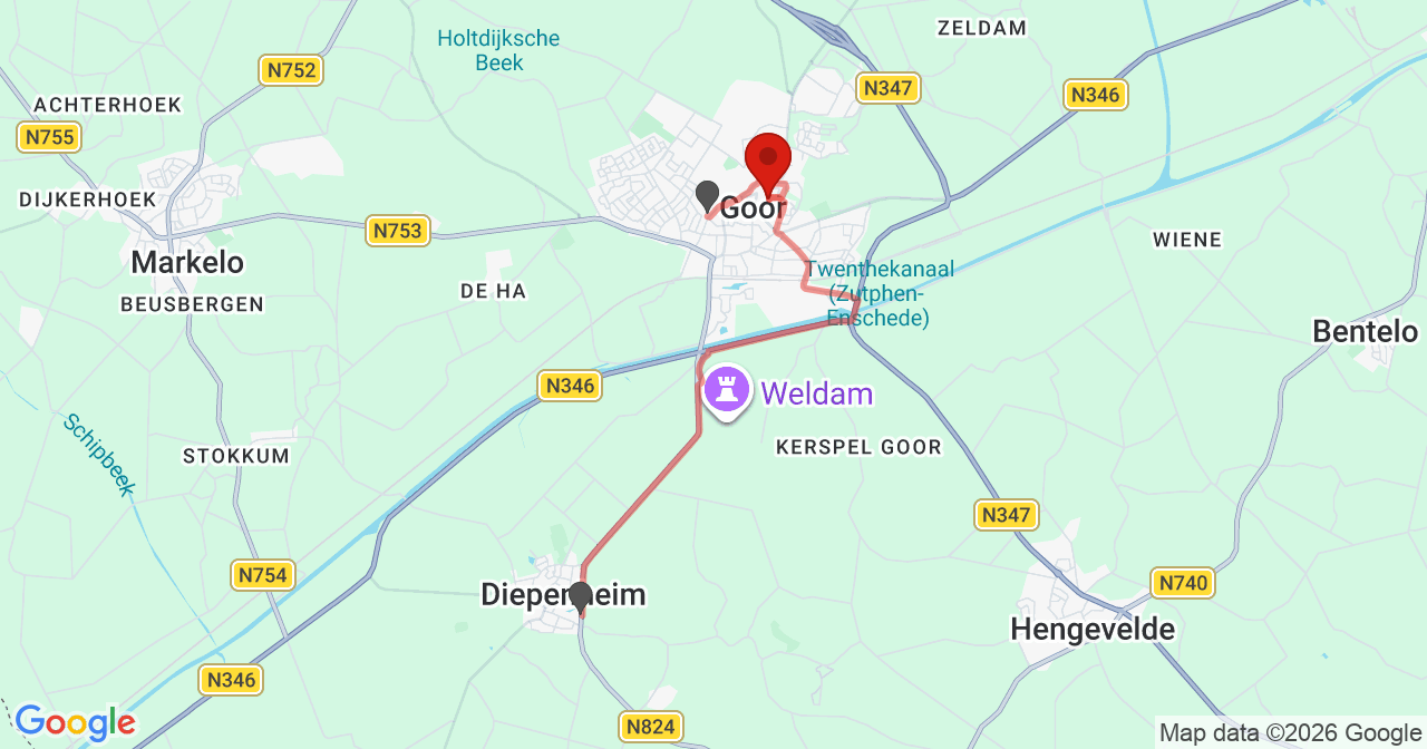 Kaart van het incident in Goor met de aanrijroutes van de gealarmeerde eenheden