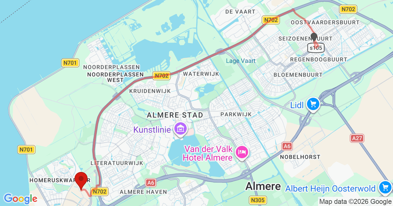 Kaart van het incident in Almere met de aanrijroutes van de gealarmeerde eenheden