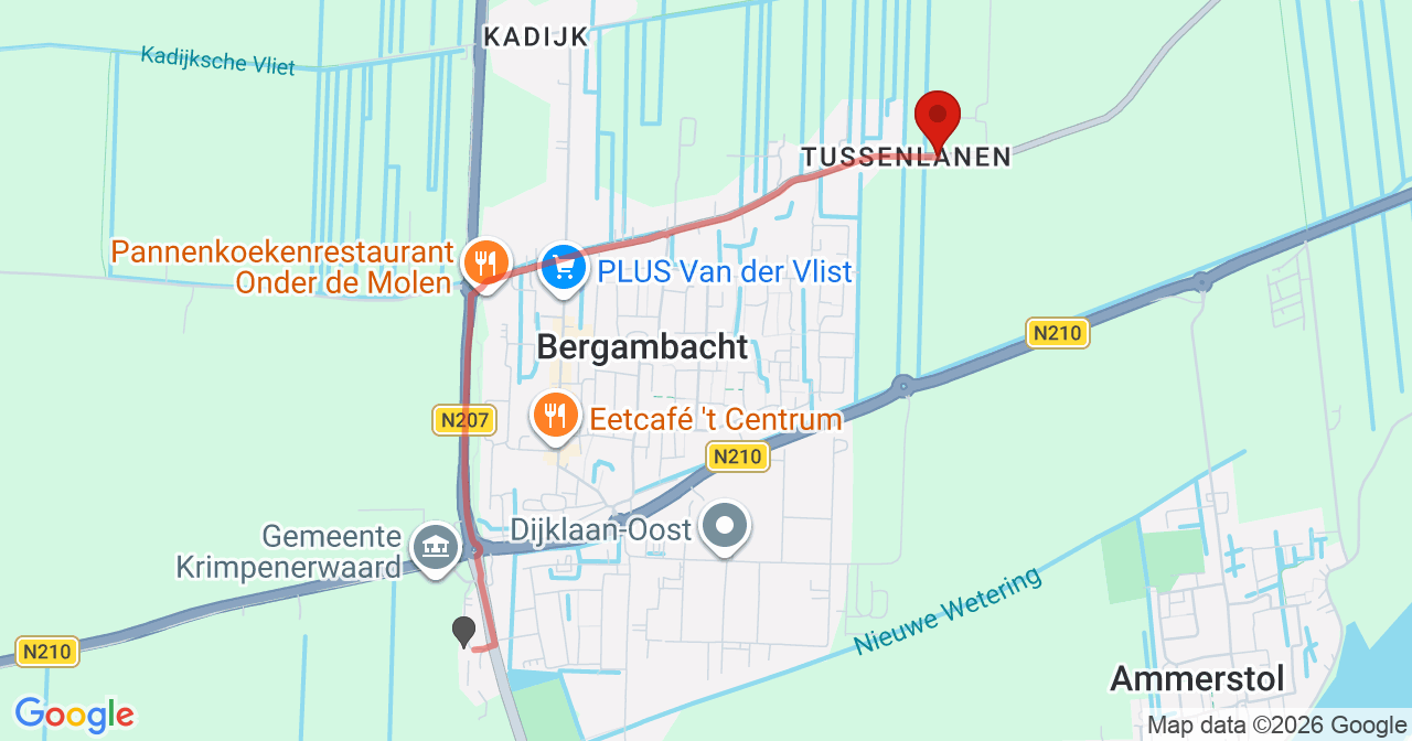 Kaart van het incident in Bergambacht met de aanrijroutes van de gealarmeerde eenheden