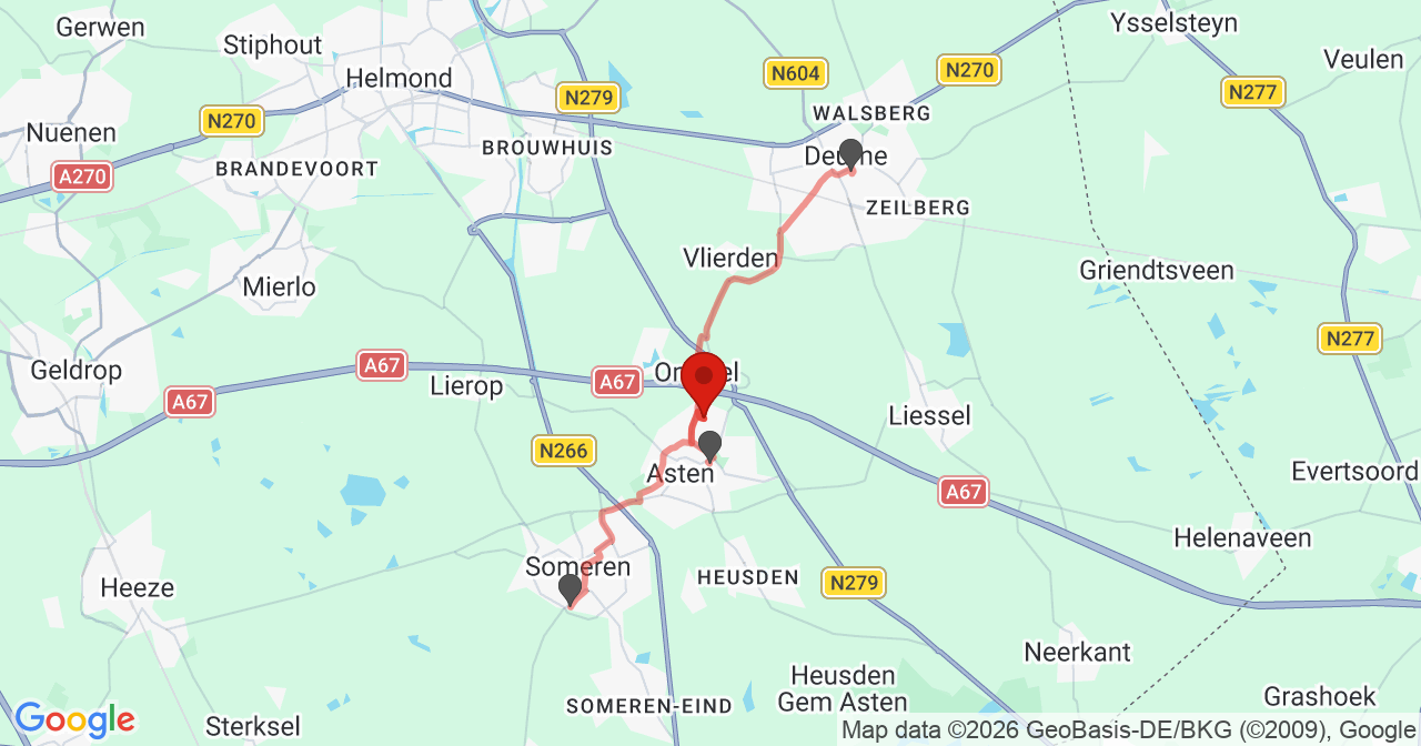 Kaart van het incident in Asten met de aanrijroutes van de gealarmeerde eenheden