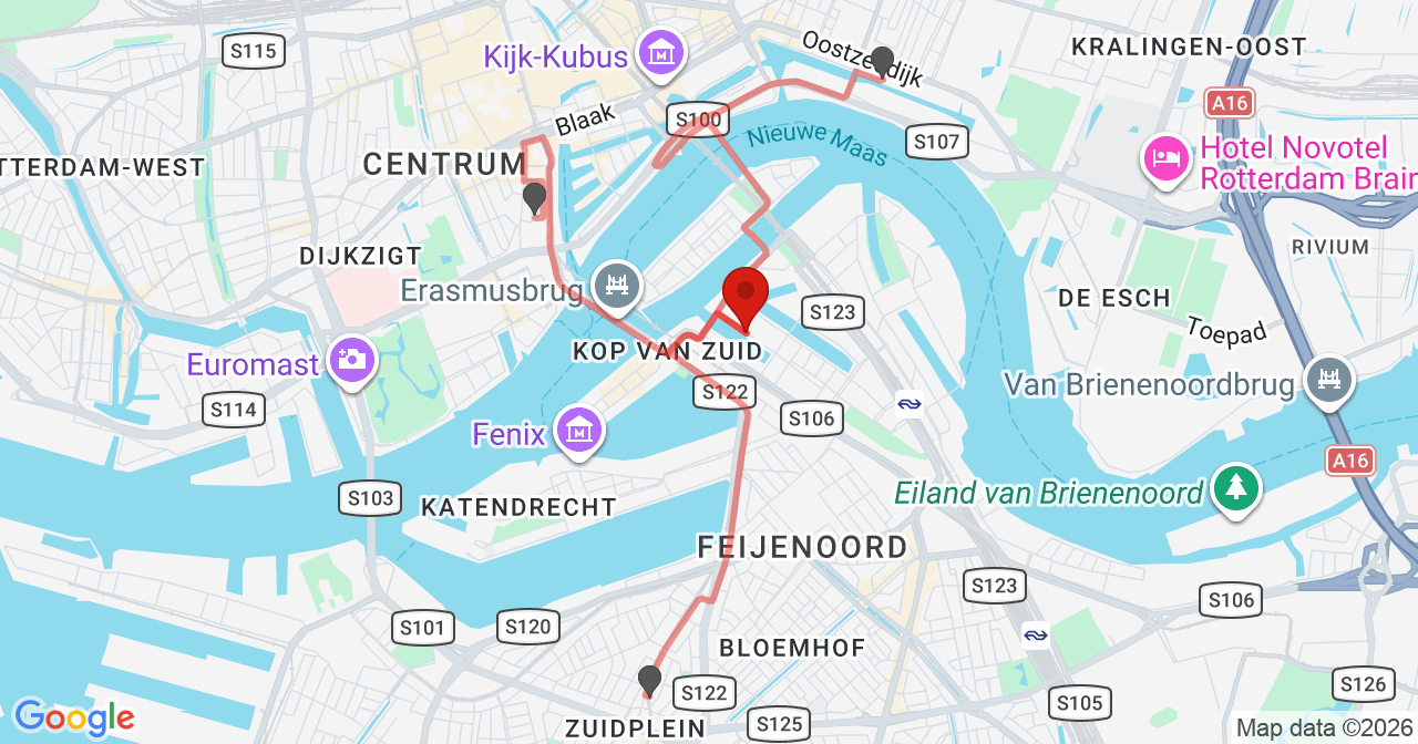 Kaart van het incident in Rotterdam met de aanrijroutes van de gealarmeerde eenheden