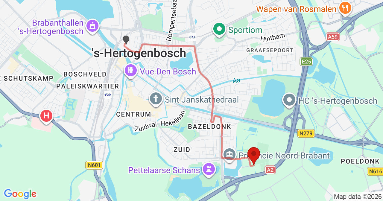 Kaart van het incident in 's-Hertogenbosch met de aanrijroutes van de gealarmeerde eenheden