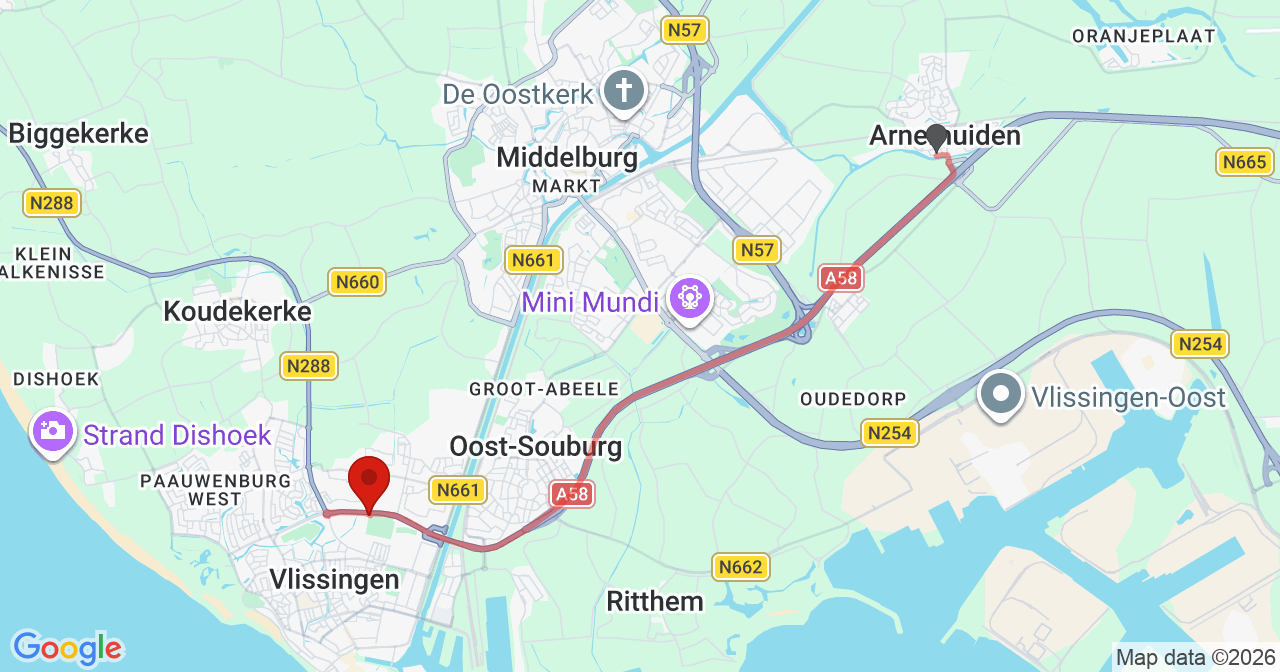 Kaart van het incident in Vlissingen met de aanrijroutes van de gealarmeerde eenheden