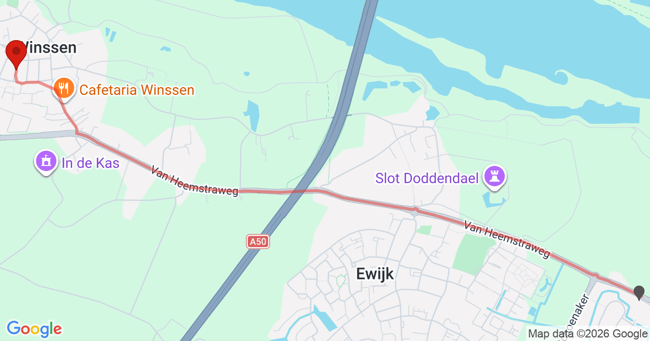 Kaart van het incident in Winssen met de aanrijroutes van de gealarmeerde eenheden