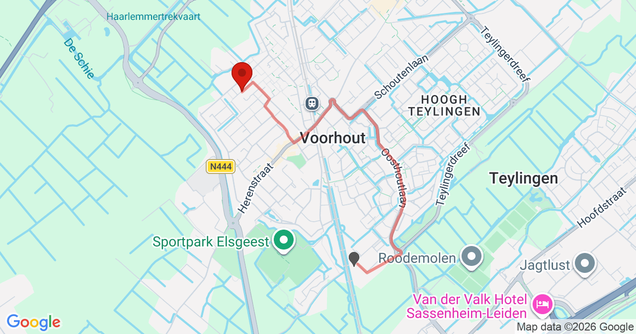 Kaart van het incident in Voorhout met de aanrijroutes van de gealarmeerde eenheden