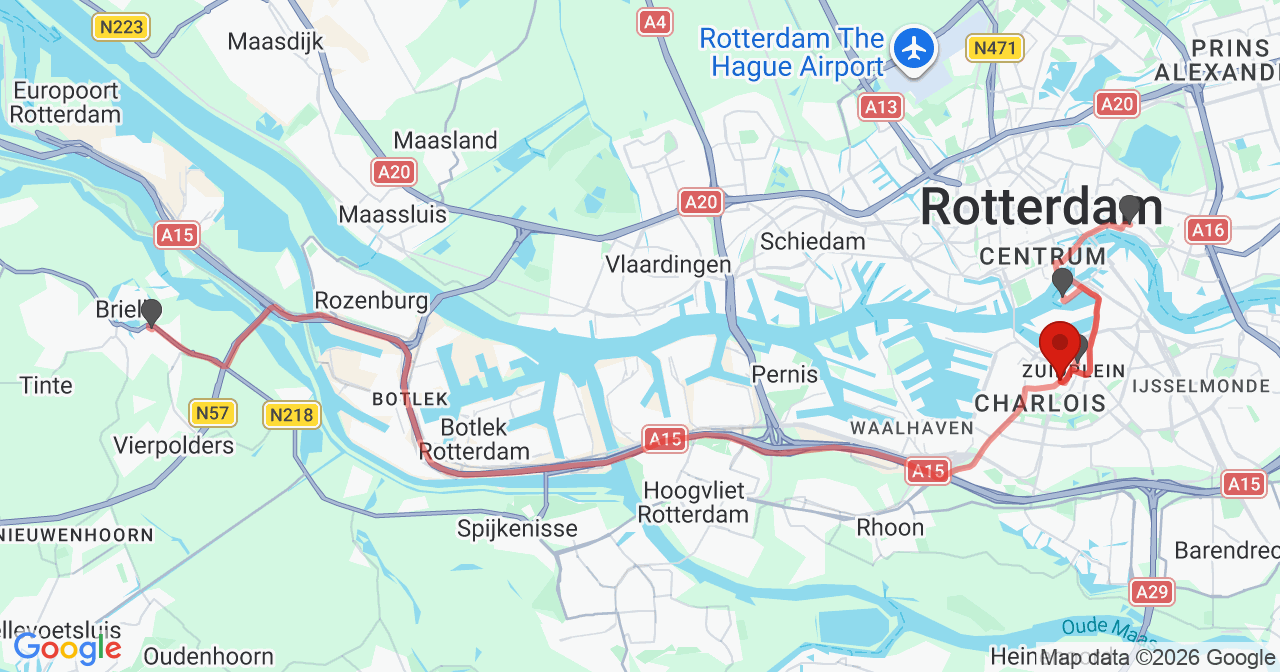Kaart van het incident in Rotterdam met de aanrijroutes van de gealarmeerde eenheden