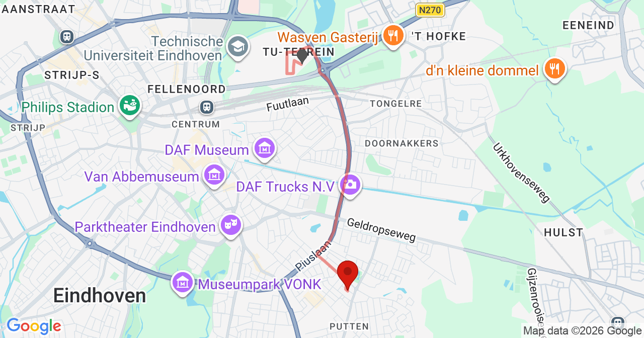 Kaart van het incident in Eindhoven met de aanrijroutes van de gealarmeerde eenheden