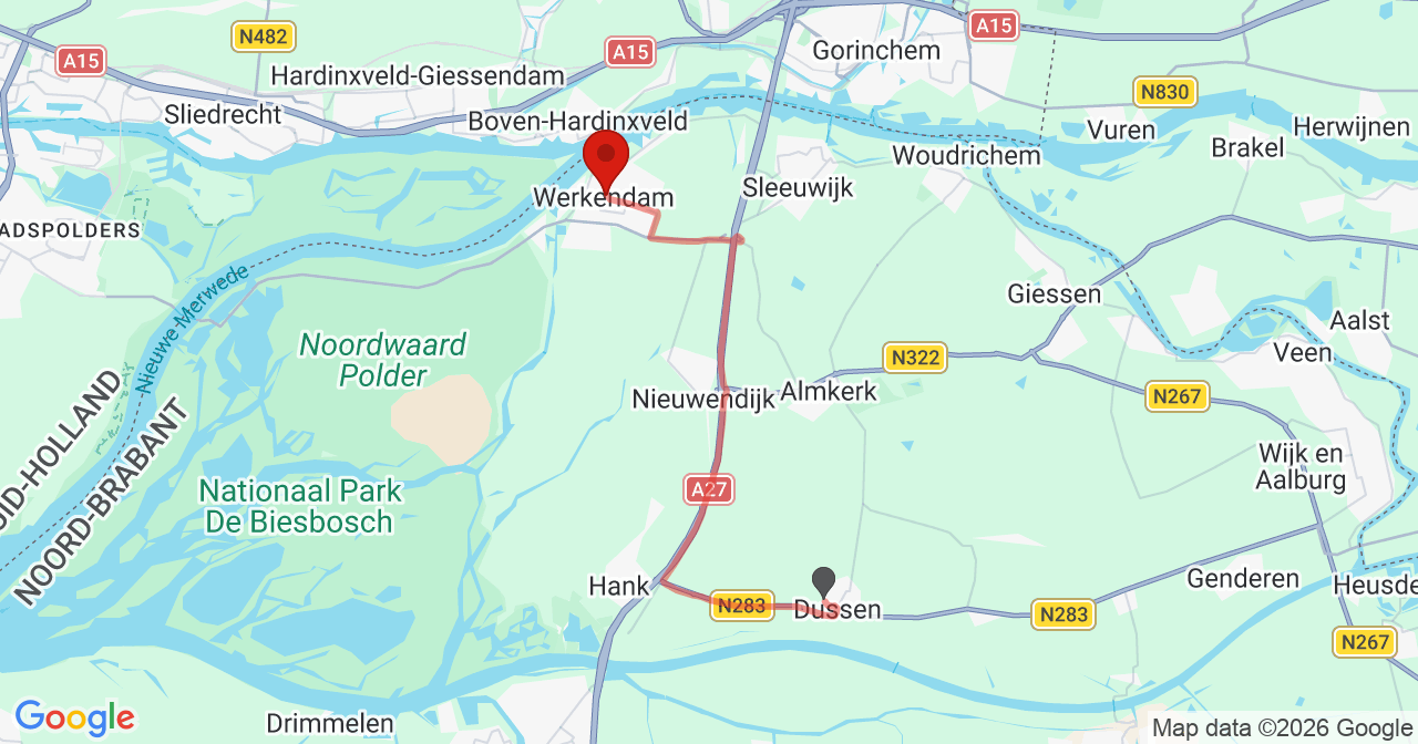 Kaart van het incident in Werkendam met de aanrijroutes van de gealarmeerde eenheden