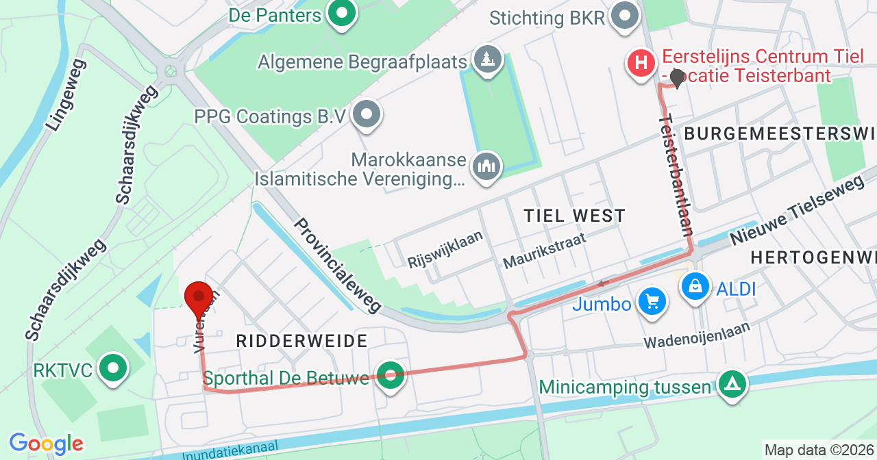 Kaart van het incident in Tiel met de aanrijroutes van de gealarmeerde eenheden