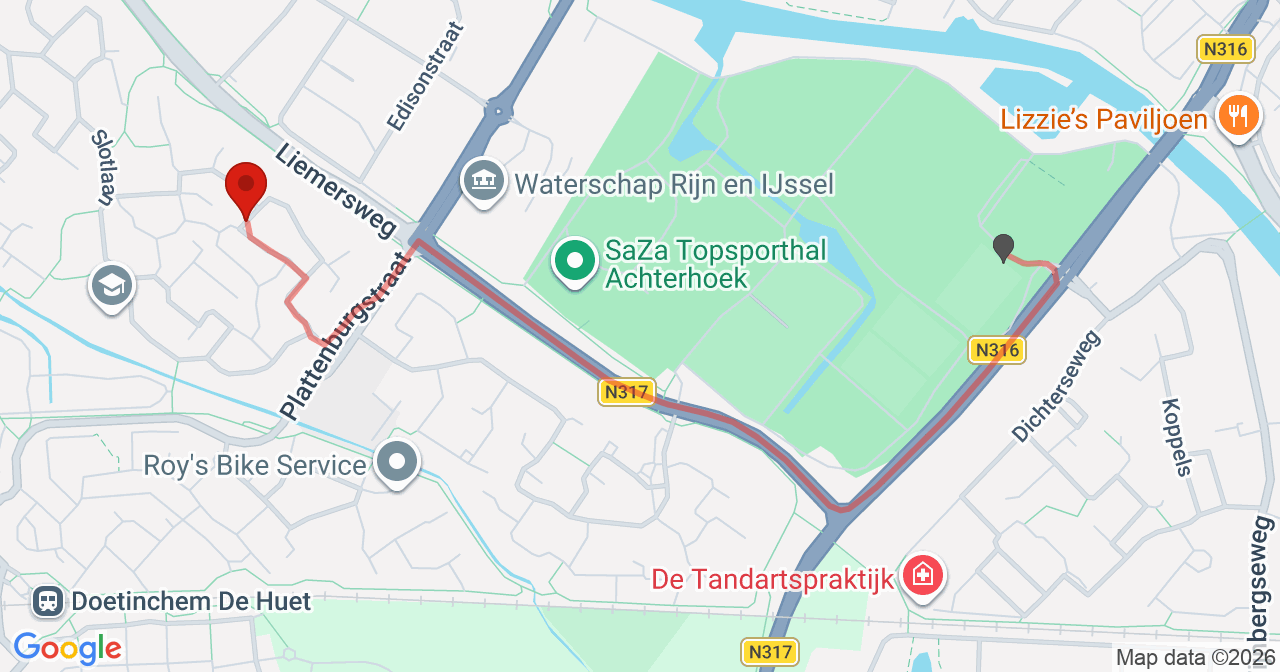 Kaart van het incident in Doetinchem met de aanrijroutes van de gealarmeerde eenheden