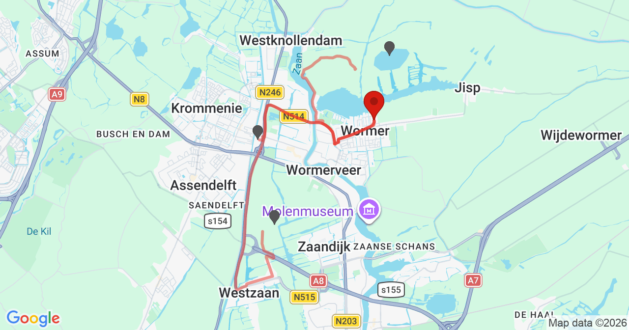 Kaart van het incident in Wormer met de aanrijroutes van de gealarmeerde eenheden