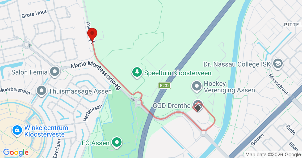 Kaart van het incident in Assen met de aanrijroutes van de gealarmeerde eenheden