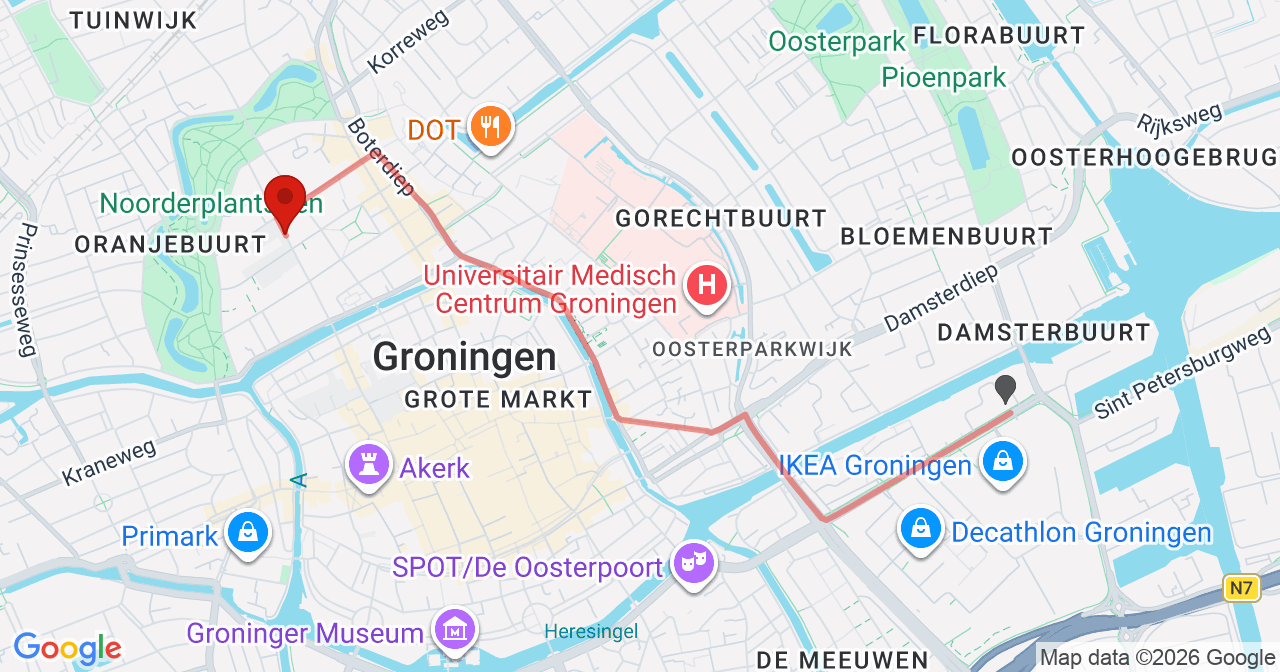 Kaart van het incident in Groningen met de aanrijroutes van de gealarmeerde eenheden