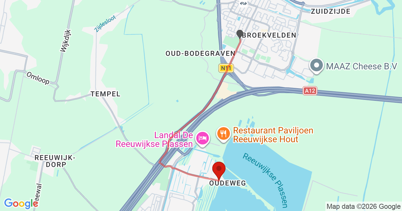 Kaart van het incident in Reeuwijk met de aanrijroutes van de gealarmeerde eenheden