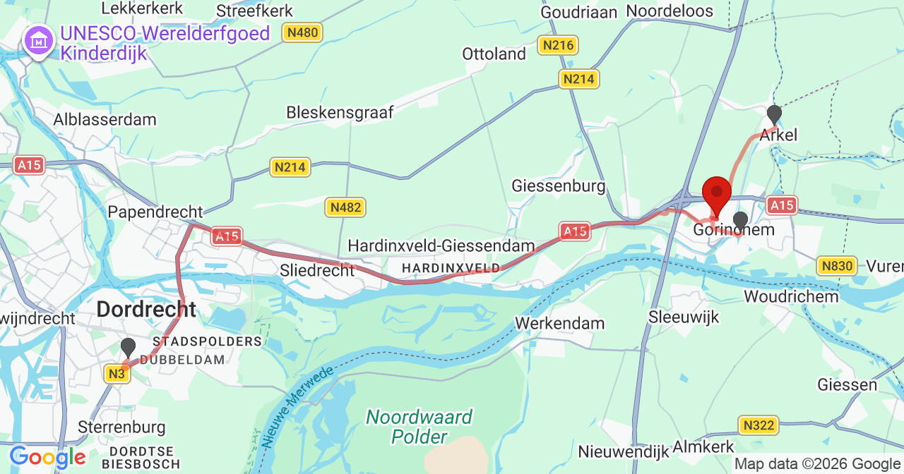 Kaart van het incident in Gorinchem met de aanrijroutes van de gealarmeerde eenheden