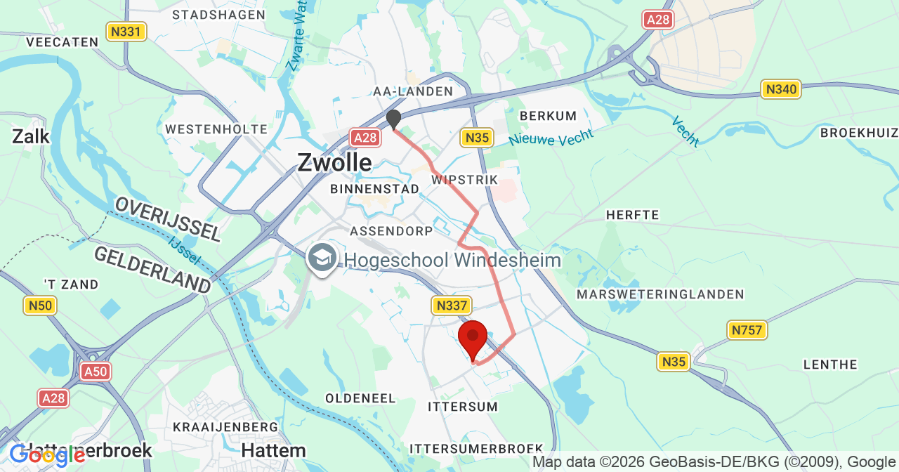 Kaart van het incident in Zwolle met de aanrijroutes van de gealarmeerde eenheden