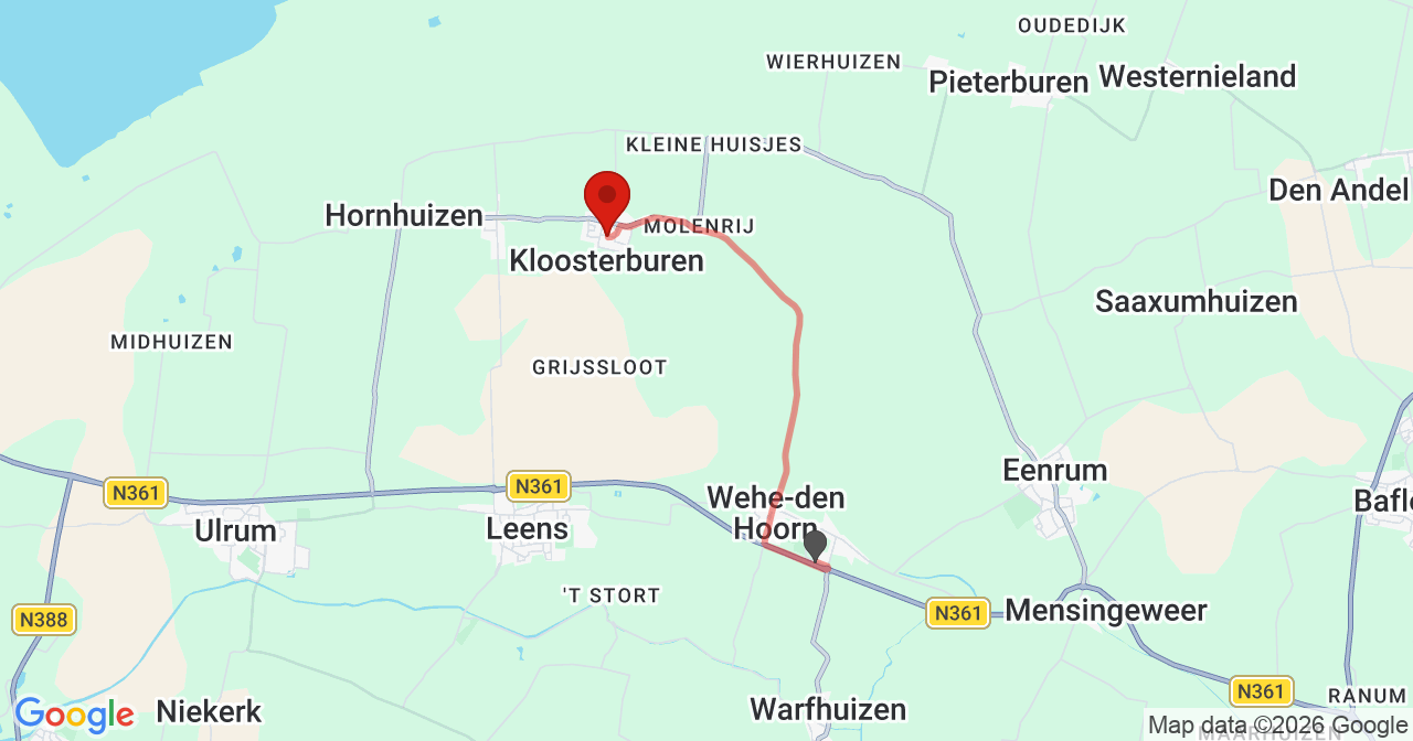Kaart van het incident in Kloosterburen met de aanrijroutes van de gealarmeerde eenheden