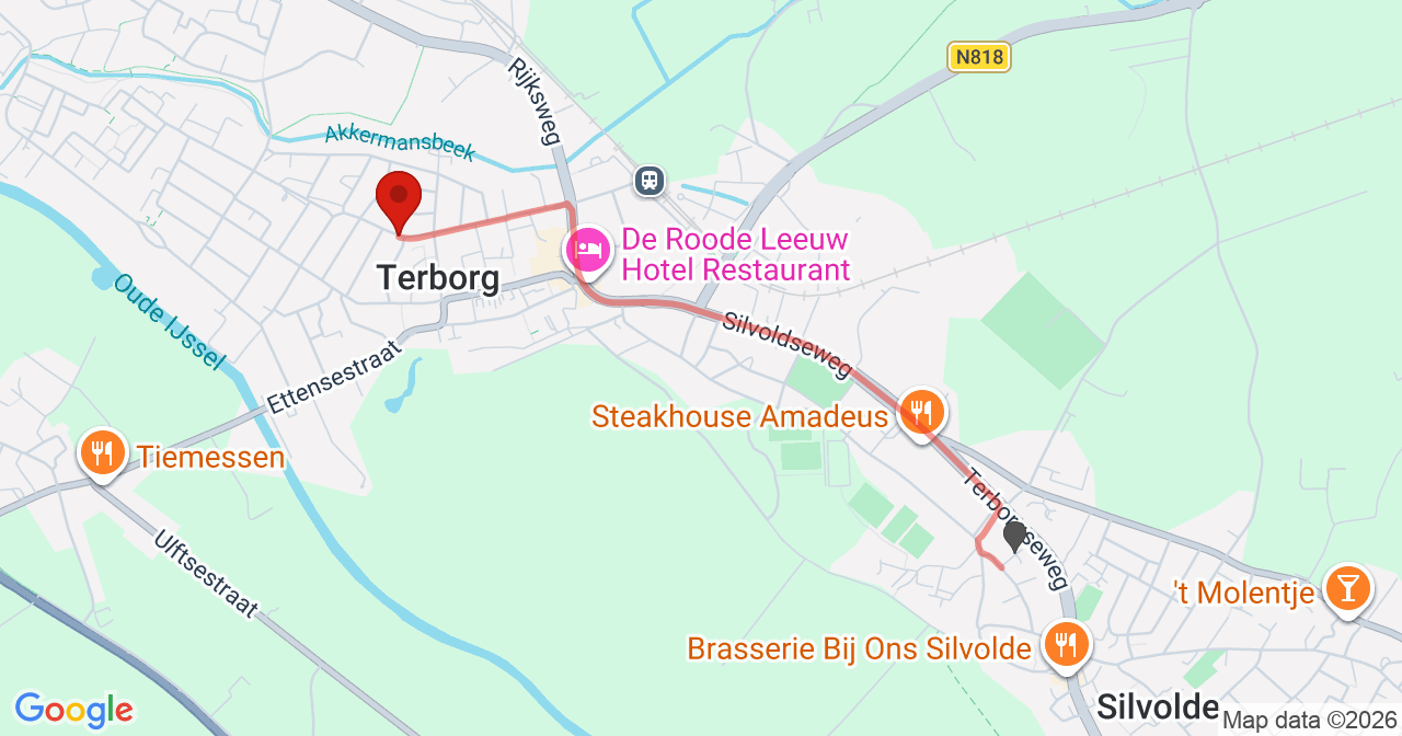 Kaart van het incident in Terborg met de aanrijroutes van de gealarmeerde eenheden