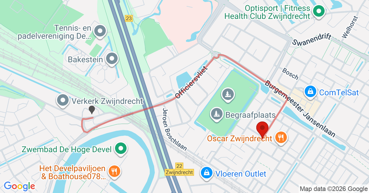 Kaart van het incident in Zwijndrecht met de aanrijroutes van de gealarmeerde eenheden