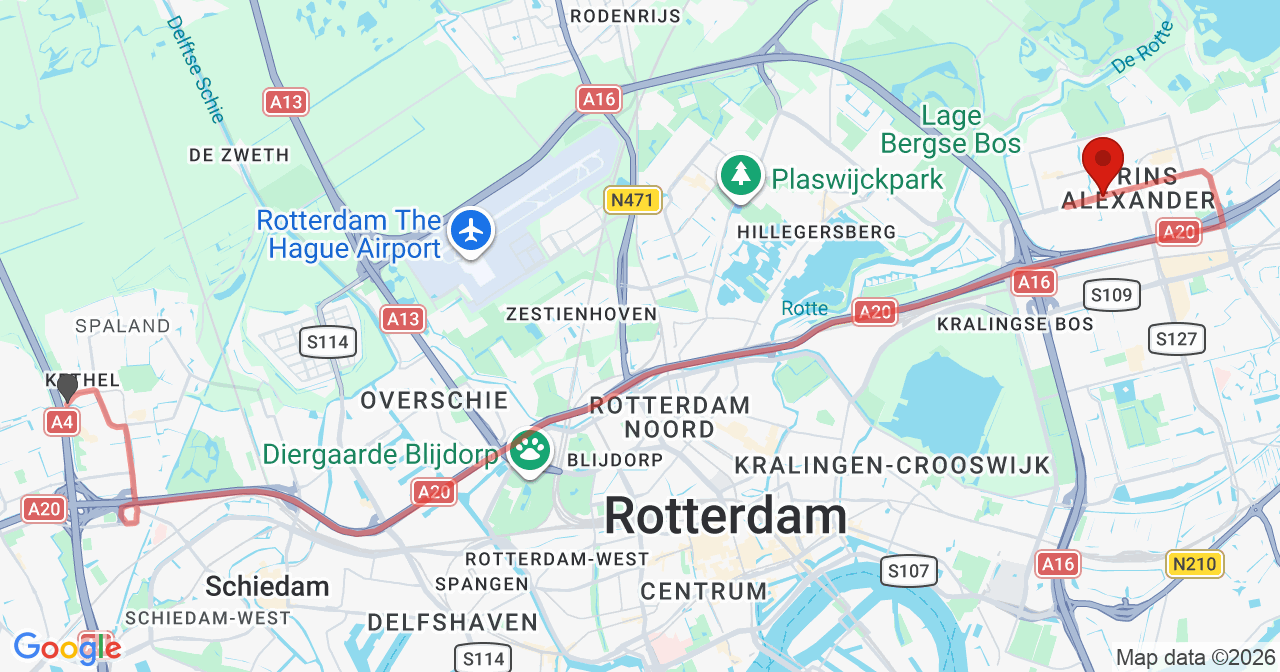 Kaart van het incident in Rotterdam met de aanrijroutes van de gealarmeerde eenheden