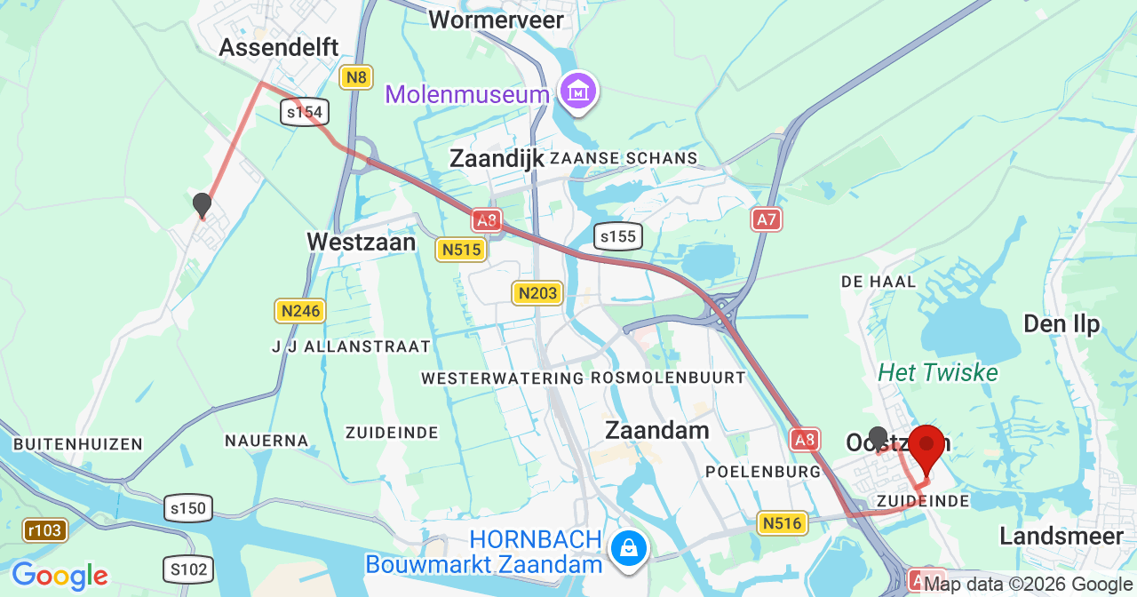 Kaart van het incident in Oostzaan met de aanrijroutes van de gealarmeerde eenheden