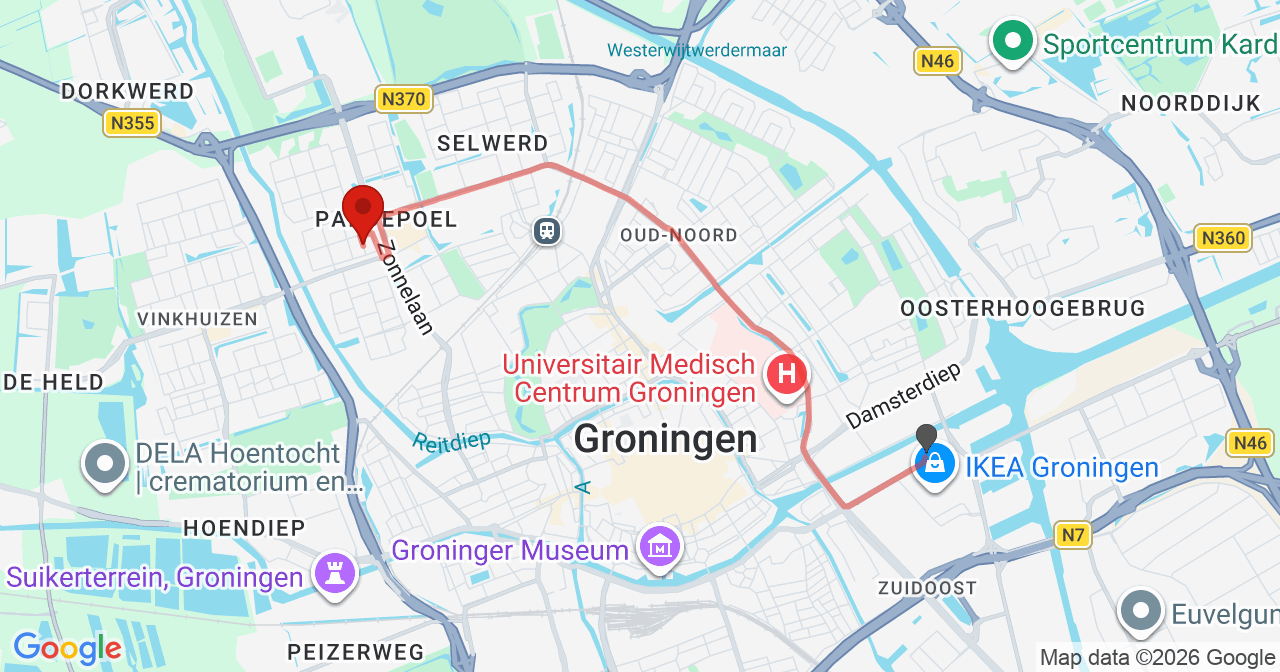Kaart van het incident in Groningen met de aanrijroutes van de gealarmeerde eenheden