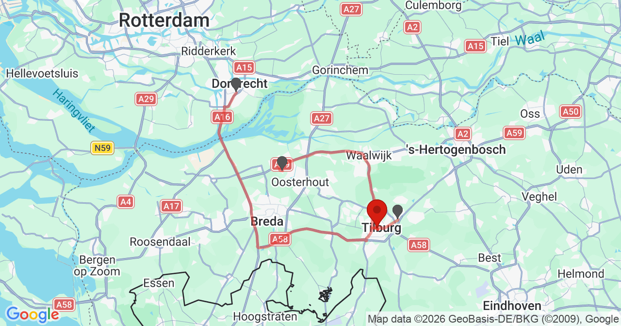 Kaart van het incident in Tilburg met de aanrijroutes van de gealarmeerde eenheden