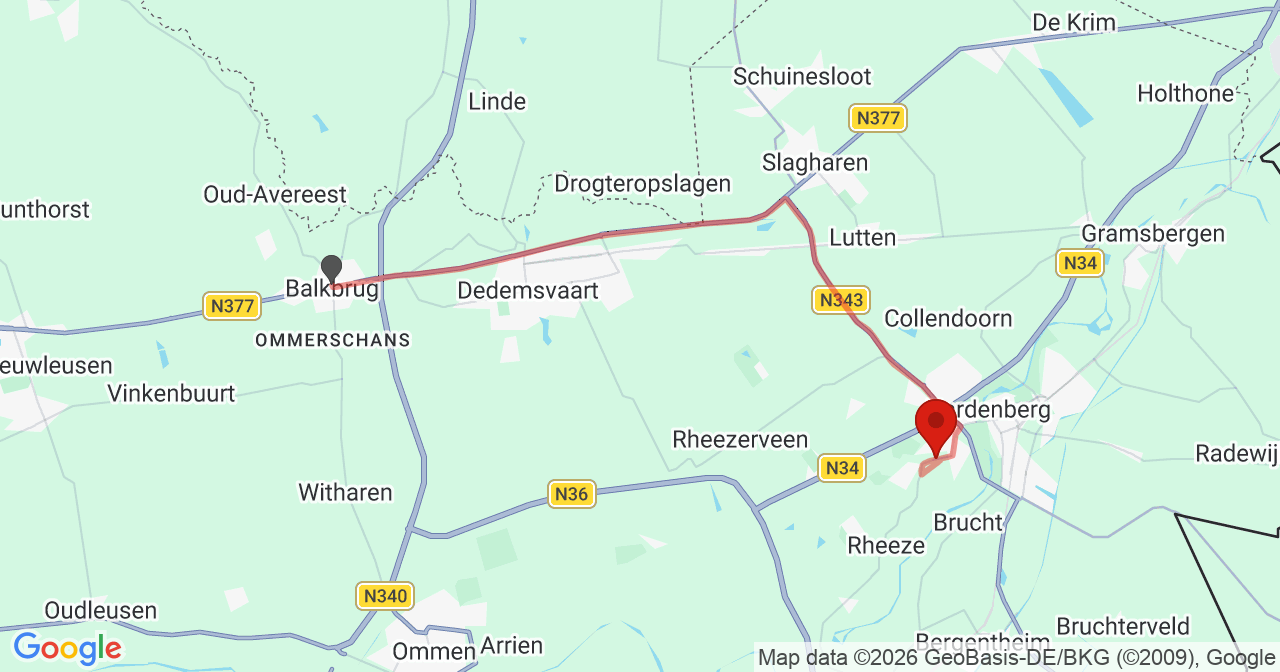 Kaart van het incident in Hardenberg met de aanrijroutes van de gealarmeerde eenheden