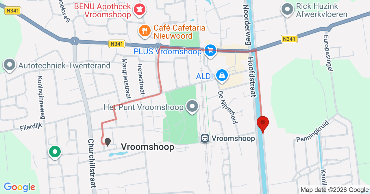 Kaart van het incident in Vroomshoop met de aanrijroutes van de gealarmeerde eenheden
