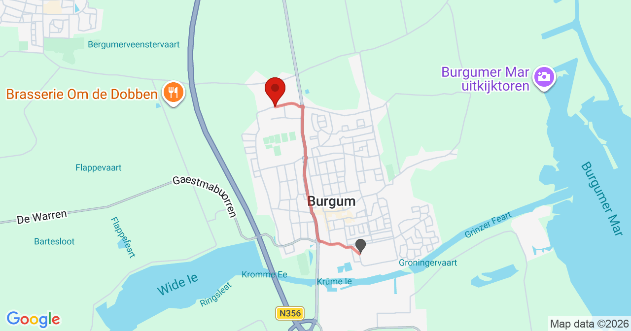 Kaart van het incident in Burgum met de aanrijroutes van de gealarmeerde eenheden