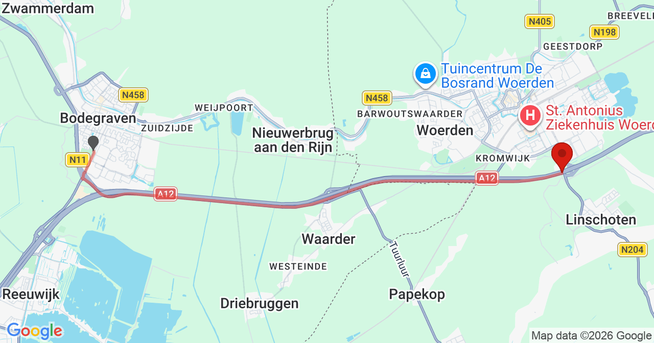 Kaart van het incident in Woerden met de aanrijroutes van de gealarmeerde eenheden