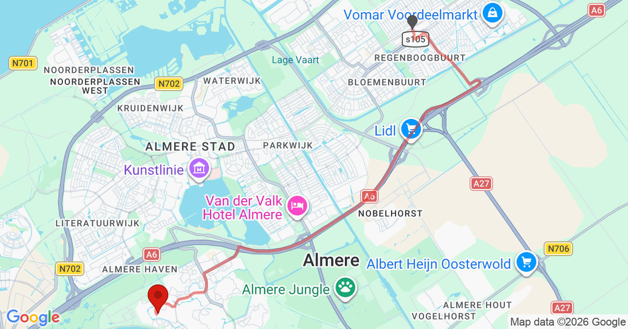Kaart van het incident in Almere met de aanrijroutes van de gealarmeerde eenheden