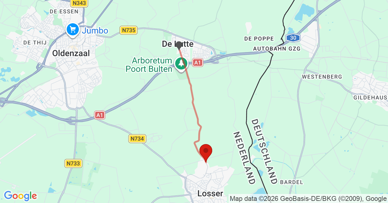 Kaart van het incident in Losser met de aanrijroutes van de gealarmeerde eenheden